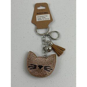 Cute Cat Keychain With Tassel & Bling In Brown & Silver Lead Safe